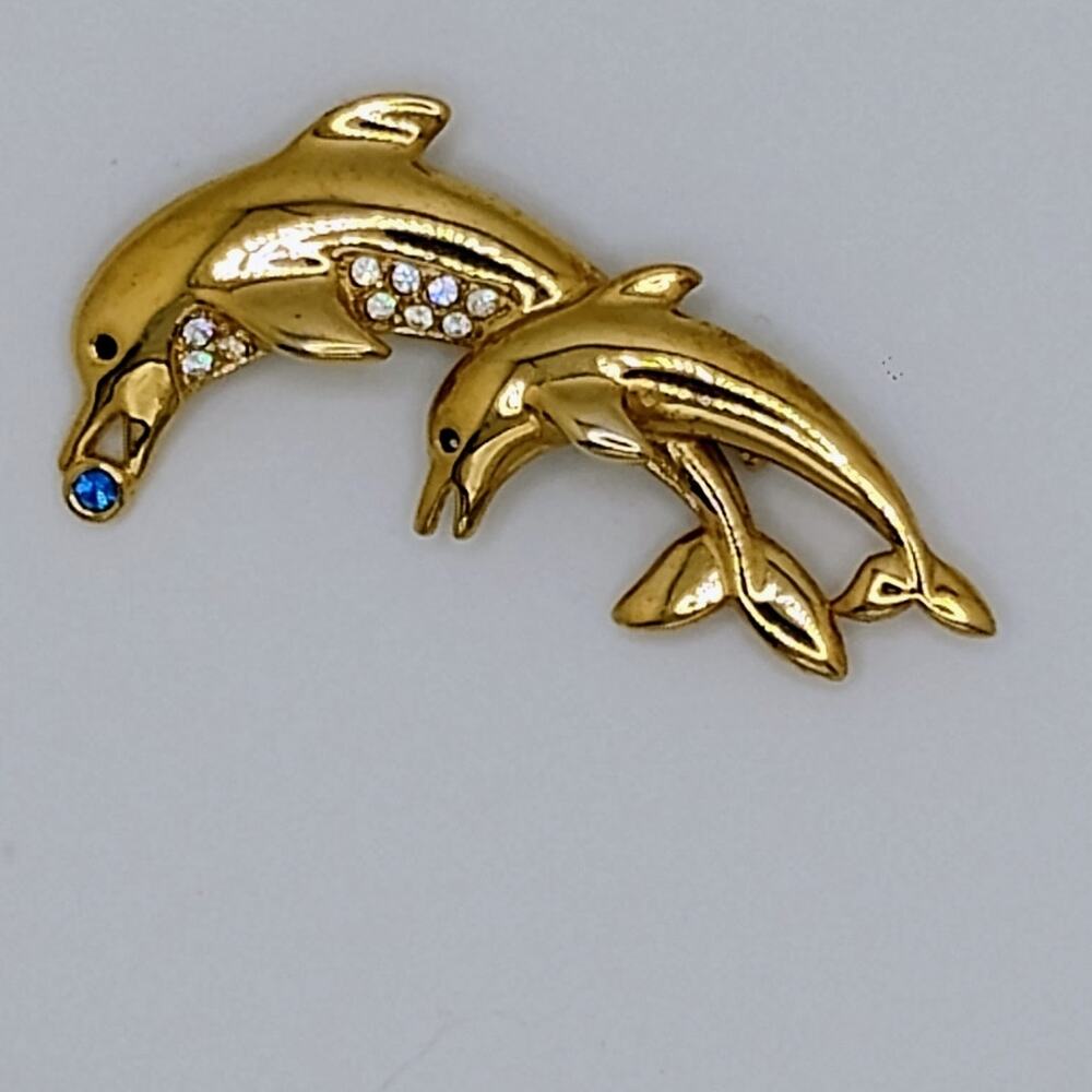 Dolphins Swimming Gold Tone Brooch